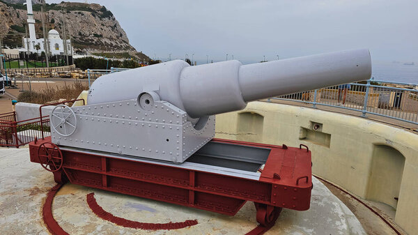 Gibraltar, UK. September 7, 2025. Historic monument Hardings Battery with a view of mosque, blending military heritage and religious architecture.