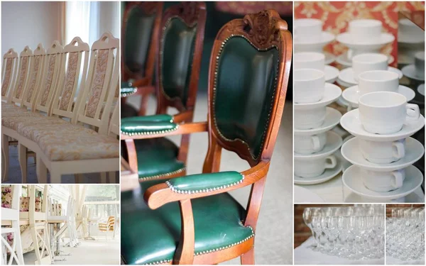Colagem Aluguel Casamento Cadeiras Louças Para Muitos Convidados — Fotografia de Stock