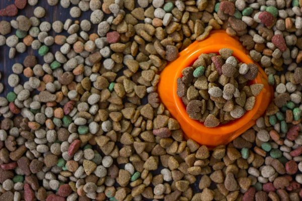 Tigela Plástico Laranja Cheia Alimentos Secos Para Animais Estimação Cercados — Fotografia de Stock