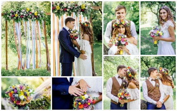 Wedding Collage Beautiful Marriage Outdoors Montage Wedding Day — Stock Photo, Image