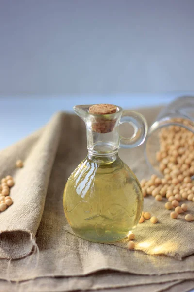 Soy Bean Oil Glass Bottle Soybeans — Stock Photo, Image