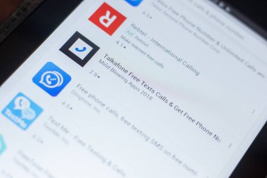 Ryazan, Rusya - 16 Mayıs 2018: Talkafone ücretsiz metinler arama ve almak ücretsiz telefon numarası simge veya logosu mobil uygulamalar listesi