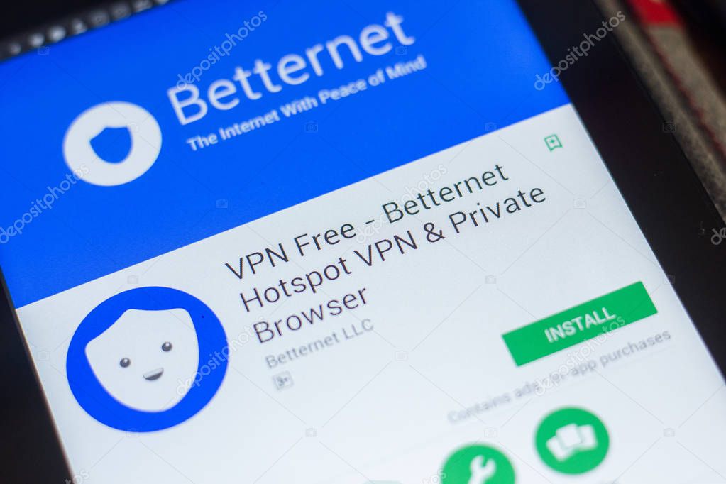 Ryazan, Russia - May 16, 2018: VPN Free - Betternet Hotspot VPN and Private Browser mobile app on the display of tablet PC