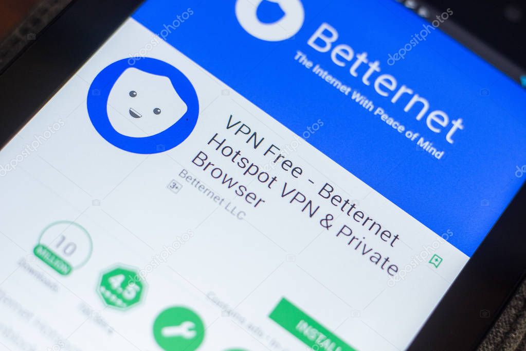 Ryazan, Russia - May 16, 2018: VPN Free - Betternet Hotspot VPN and Private Browser mobile app on the display of tablet PC