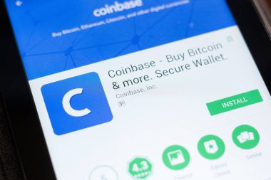 Ryazan, Rusya - 24 Haziran 2018: Coinbase - Bitcoin satın almak ve daha güvenli cüzdan Tablet Pc ekranda hareket eden app
