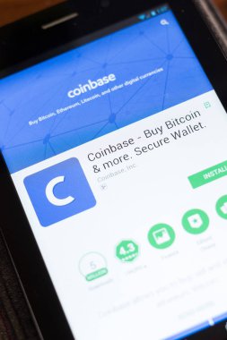 Ryazan, Rusya - 24 Haziran 2018: Coinbase - Bitcoin satın almak ve daha güvenli cüzdan Tablet Pc ekranda hareket eden app