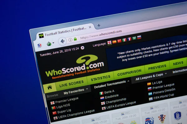 Ryazan, Rusya - 26 Haziran 2018: Whoscored ana web sitesi Pc. Url - Whoscored.com görüntüleme