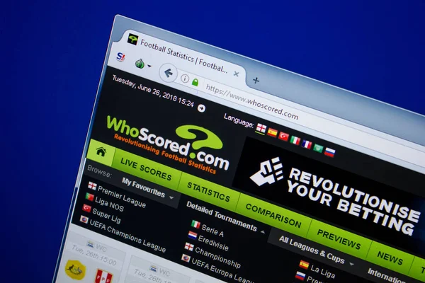 Ryazan, Rusya - 26 Haziran 2018: Whoscored ana web sitesi Pc. Url - Whoscored.com görüntüleme