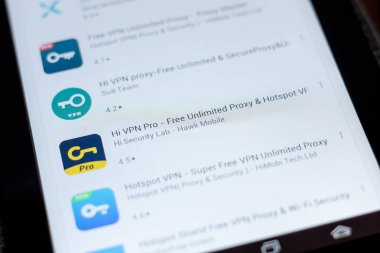 Ryazan, Rusya - 03 Temmuz 2018: Hi Vpn - ücretsiz sınırsız Proxy, Tablet Pc ekranda Hotspot Vpn mobil uygulaması