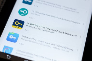 Ryazan, Rusya - 03 Temmuz 2018: Hi Vpn - ücretsiz sınırsız Proxy, Tablet Pc ekranda Hotspot Vpn mobil uygulaması