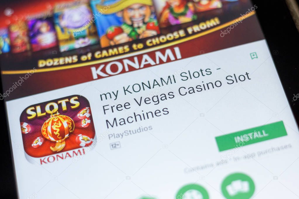 Ryazan, Russia - July 03, 2018: my KONAMI Slots - Free Vegas Casino Slot Machines icon in the list of mobile apps