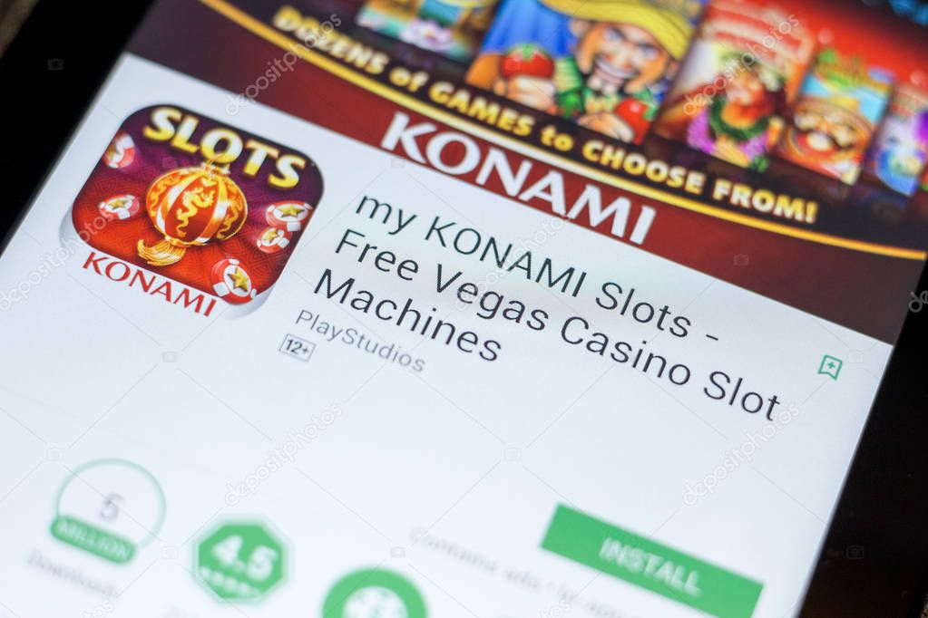 Ryazan, Russia - July 03, 2018: my KONAMI Slots - Free Vegas Casino Slot Machines icon in the list of mobile apps