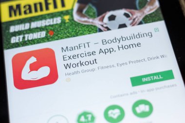 Ryazan, Rusya - 03 Temmuz 2018: Manfit - mobil uygulamalar listesini simgesinde vücut geliştirme Exercices
