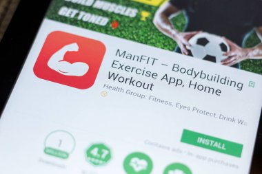 Ryazan, Rusya - 03 Temmuz 2018: Manfit - mobil uygulamalar listesini simgesinde vücut geliştirme Exercices