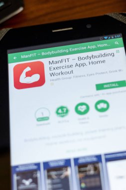 Ryazan, Rusya - 03 Temmuz 2018: Manfit - mobil uygulamalar listesini simgesinde vücut geliştirme Exercices