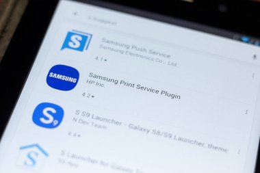 Ryazan, Rusya - 03 Temmuz 2018: Samsung yazdırma hizmeti eklentisi mobil uygulaması Tablet Pc ekranda