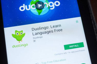 Ryazan, Rusya - 03 Temmuz 2018: Duolingo: mobil uygulamalar listesinde öğrenmek diller ücretsiz simge