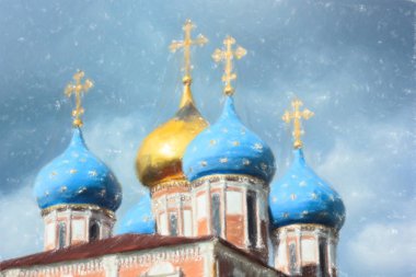 Illustration of bows of Ryazan church under the thunderstorm clouds kremlin of Ryazan, Russia clipart