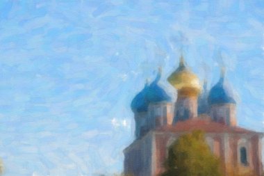 Ryazan kremlin çizimi üzerinde sonbahar - ansamble ortodox Kilisesi