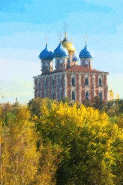 Иллюстрация Рязанского Кремля Осенью Ансамбль Ортодоксальной Церкви — стоковое фото