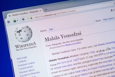 Ryazan, Rusya - 09 Temmuz 2018: Sayfa wikipedia Malala Yousafzai hakkında