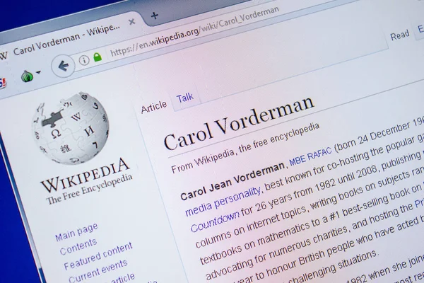Ryazan Rusia Julio 2018 Página Wikipedia Sobre Carol Vorderman — Foto de Stock