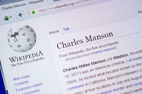 Ryazan Russland Juli 2018 Seite Auf Wikipedia Über Charles Manson — Stockfoto