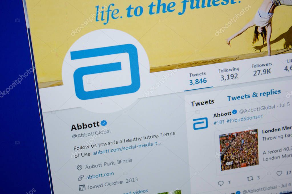 Ryazan, Russia - July 11, 2018: Twitter of Abbott website on the display of PC