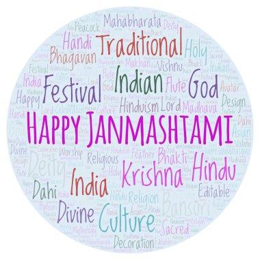 Mutlu Janmashtami yuvarlak kelime bulutu. Harfler ve kelimeler sadece yapılmış Wordcloud.