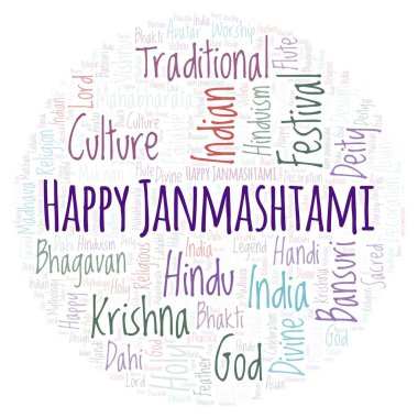 Mutlu Janmashtami yuvarlak kelime bulutu. Harfler ve kelimeler sadece yapılmış Wordcloud.