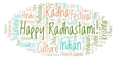 Mutlu Radhastami kelime bulutu. Harfler ve kelimeler sadece yapılmış Wordcloud.