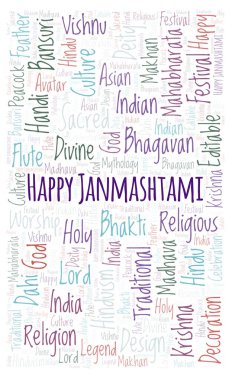Mutlu Janmashtami dikdörtgen şekli word Cloud. Harfler ve kelimeler sadece yapılmış Wordcloud.