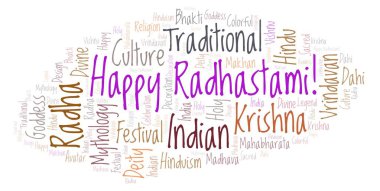 Mutlu Radhastami kelime bulutu. Harfler ve kelimeler sadece yapılmış Wordcloud.
