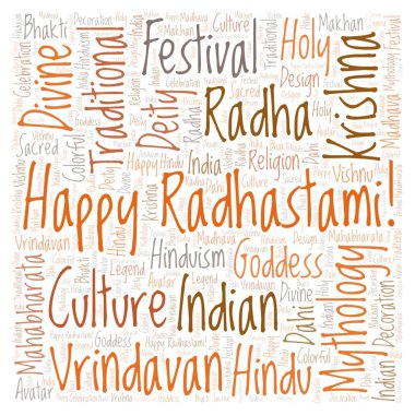 Mutlu Radhastami kare şekli word Cloud. Harfler ve kelimeler sadece yapılmış Wordcloud.