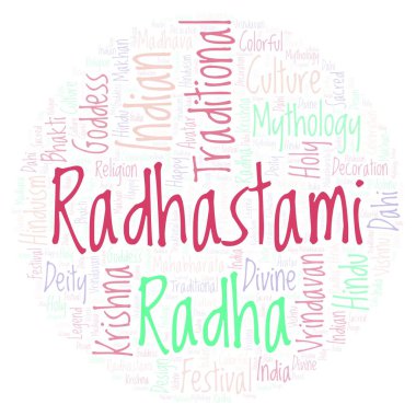 Radhastami daire şekli word Cloud. Harfler ve kelimeler sadece yapılmış Wordcloud.