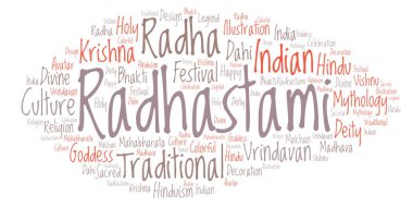 Radhastami kelime bulutu. Harfler ve kelimeler sadece yapılmış Wordcloud.