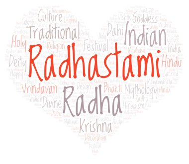 Radhastami kalp şekli word Cloud. Harfler ve kelimeler sadece yapılmış Wordcloud.