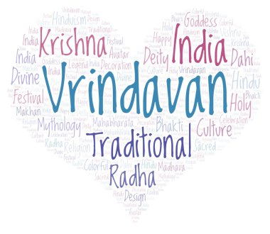 Harfler ve kelimeler sadece Vrindavan kalp şeklinde Wordcloud yapılmış.