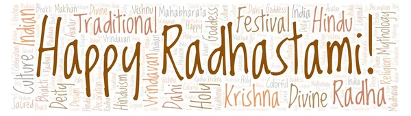 Happy Radhastami in banner form word cloud. Wordcloud made from letters and words only.