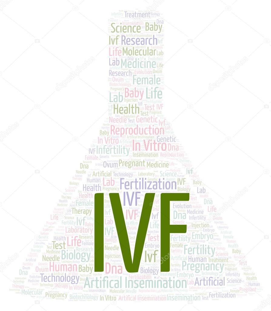 IVF in flask shape word cloud. Wordcloud made from letters and words only.