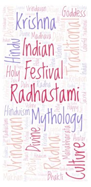 Radhastami dikey afiş form word Cloud. Harfler ve kelimeler sadece yapılmış Wordcloud.