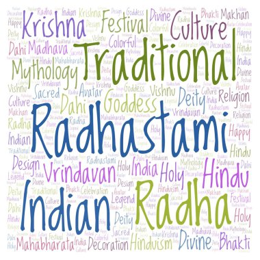 Radhastami kare şekli word Cloud. Harfler ve kelimeler sadece yapılmış Wordcloud.