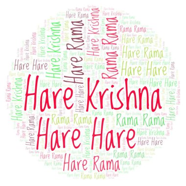 Hare Krishna kelime bulutu. Harfler ve kelimeler sadece yapılmış Wordcloud.
