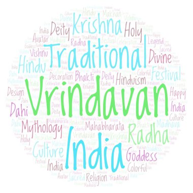 Vrindavan daire şekli word Cloud. Harfler ve kelimeler sadece yapılmış Wordcloud.