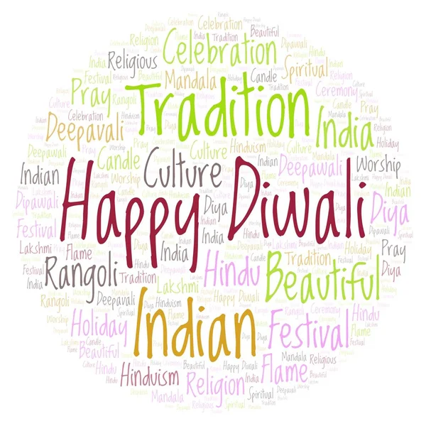 Happy Diwali in circle shape word cloud. Wordcloud made from letters and words only.