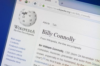 Ryazan, Rusya - 19 Ağustos 2018: Vikipedi sayfası Billy Connolly hakkında Pc ekranda