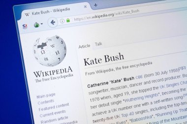 Ryazan, Rusya - 19 Ağustos 2018: Vikipedi sayfası Kate Bush hakkında Pc ekranda