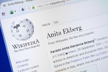 Ryazan, Rusya - 19 Ağustos 2018: Vikipedi sayfa hakkında Anita Ekberg Pc ekranda