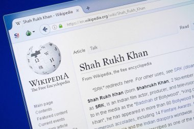 Ryazan, Rusya - 19 Ağustos 2018: Vikipedi sayfası Shak Rukh Khan hakkında Pc ekran