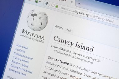 Ryazan, Rusya - 19 Ağustos 2018: Vikipedi sayfası Canvey ada hakkında Pc ekranda